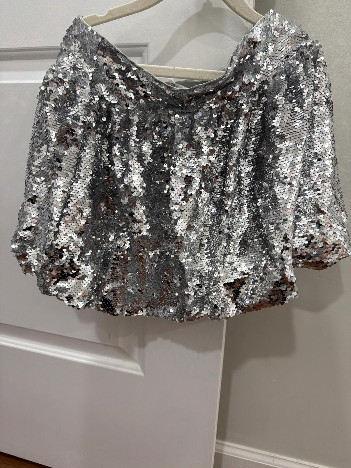Silver sequin mini skirt hanging on a wooden hanger, on a white door.