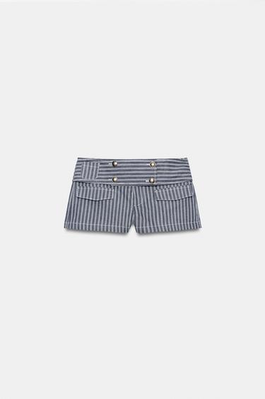 STRIPED BUTTON MINI SHORTS — Navy / White 1