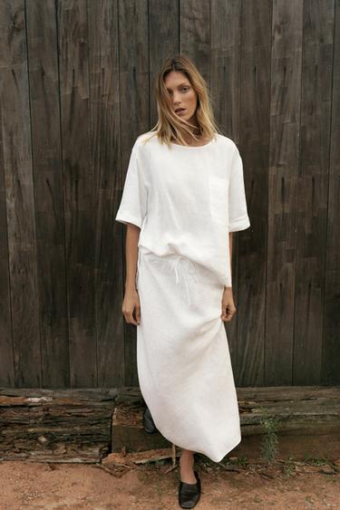 Zara ZW COLLECTION 100% LINEN MIDI SKIRT - Ecru