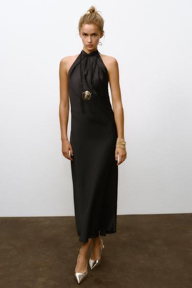 OPEN BACK SATIN MIDI DRESS - Black by Zara - Image 0