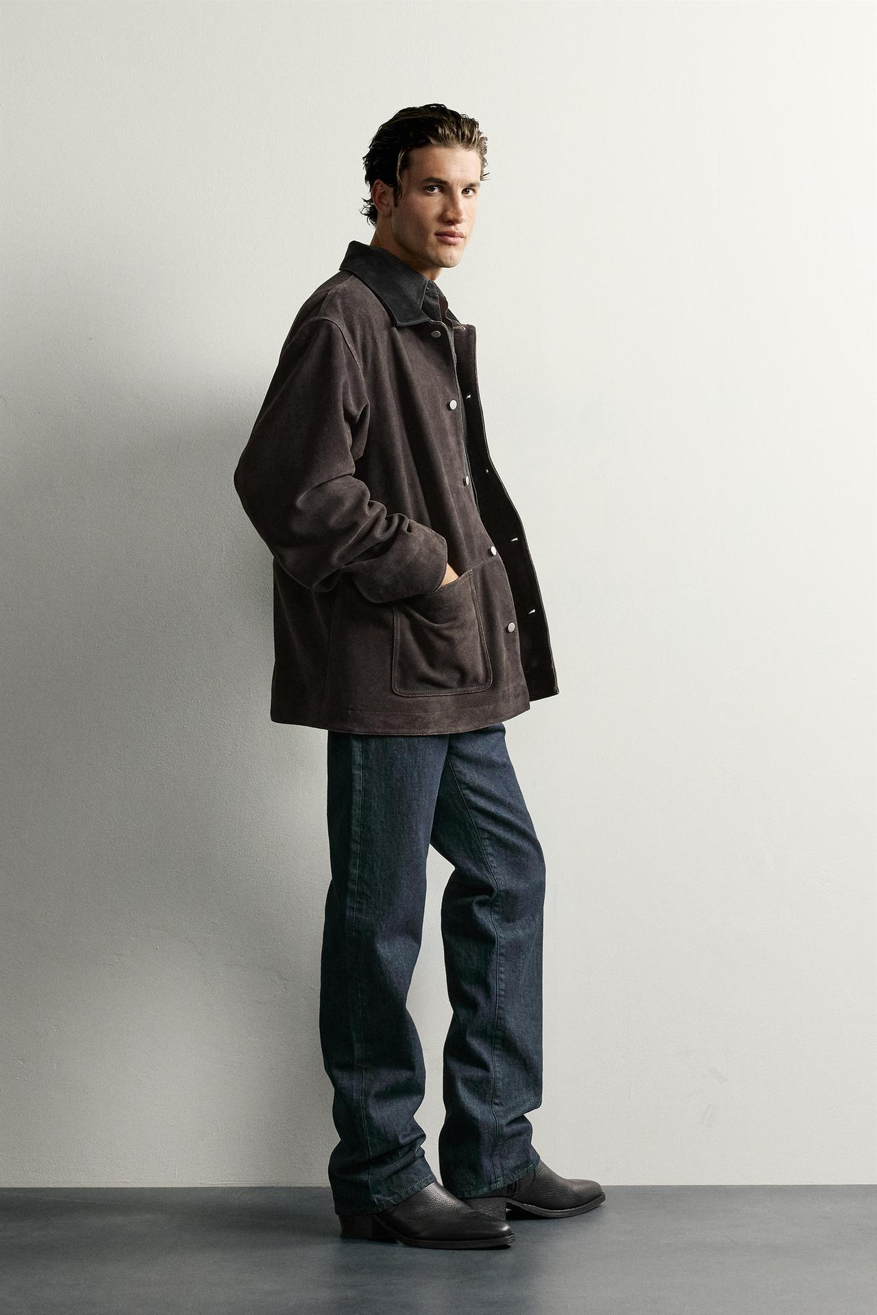 WASHED SUEDE LEATHER JACKET — Anthracite grey
