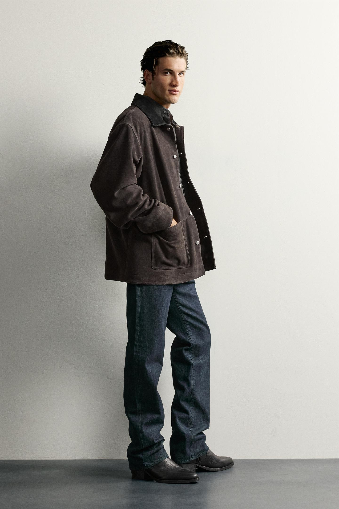 Мужская куртка Zara Washed Suede Leather, цвет: Антрацитовый серый — фото 4