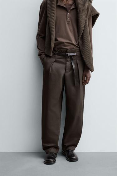 PLEATED TROUSERS WITH BELT - Chocolate by Zara