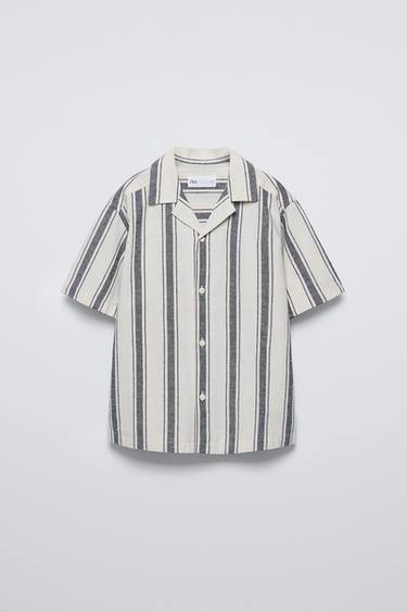 Zara STRIPED LINEN BLEND SHIRT - Ecru / Black