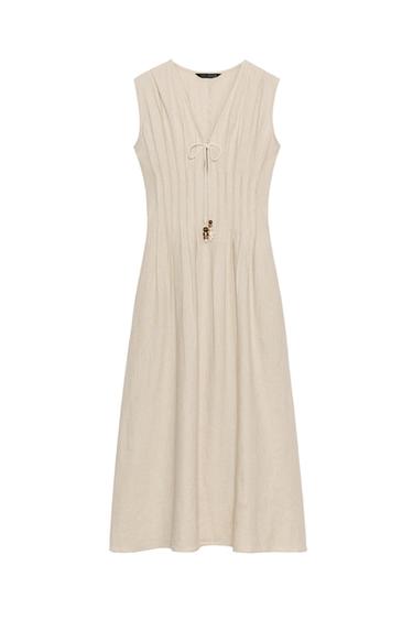 MIDI LINEN BLEND DRESS WITH TUCKS - Light beige by Zara