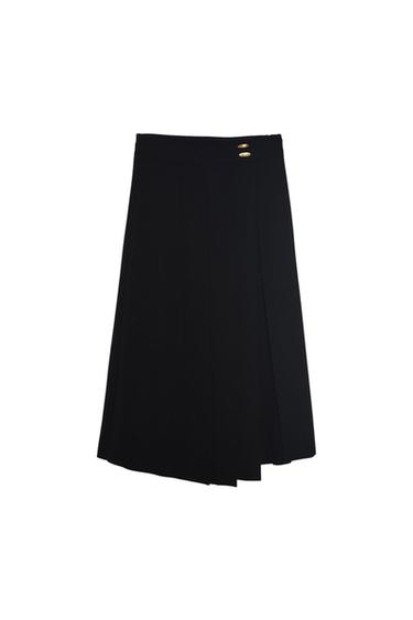 Black midi-length skirt with pleats on the right-hand side and a two-gold-button detail at the waist, against a white background.