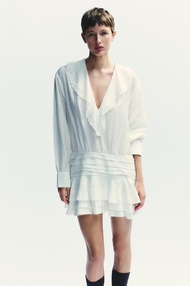 EMBROIDERED RUFFLE SHORT DRESS - White by Zara - Image 1