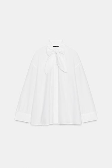 OVERSIZE POPLIN SHIRT WITH LACE-TRIMMED TIE - White by Zara - Image 4