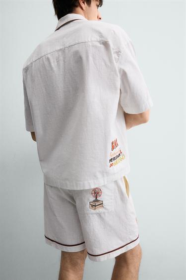 RELAXED FIT BERMUDA SHORTS WITH CONTRAST EMBROIDERY - Ecru by Zara