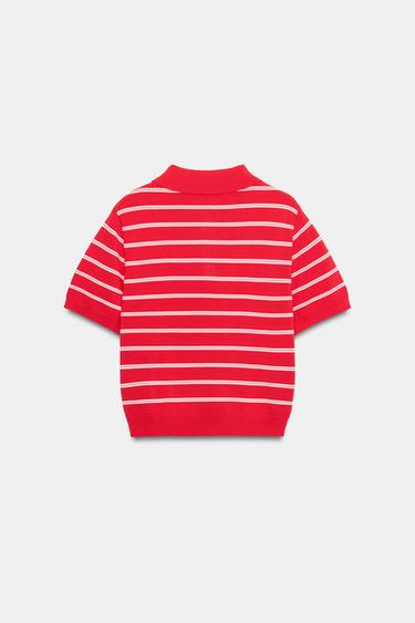 STRIPED SHORT SLEEVE KNIT POLO SHIRT - Red by Zara - Image 5