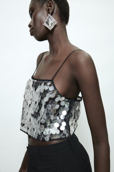 Zara SEQUIN CROP TOP - Black