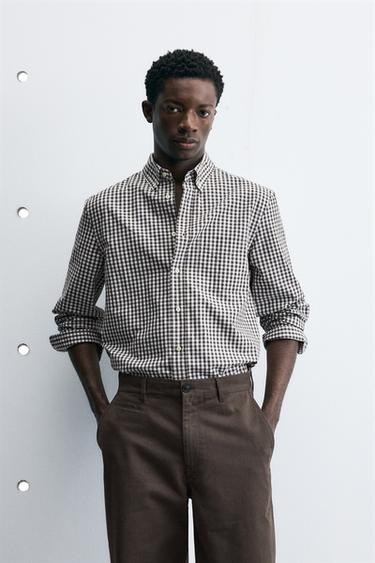 REGULAR FIT COTTON SHIRT - Brown / Ecru by Zara
