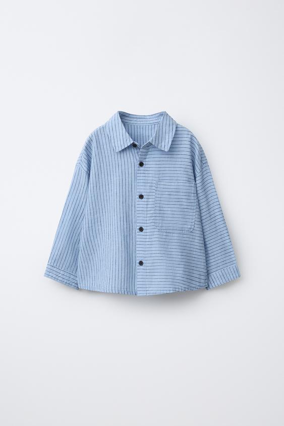 CAMISA RAYAS ALGODÓN LINO - Azul de Zara - Imagen 0
