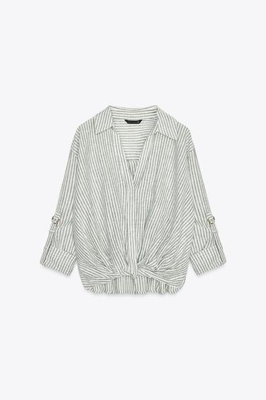 CAMISA NUDO CON LINO - Verde / Crudo de Zara