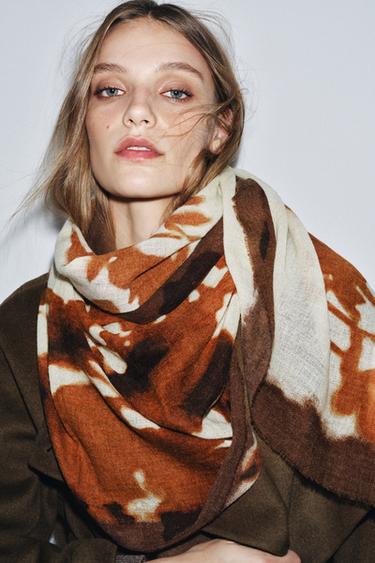 Zara FLORAL PRINTED WOOL SCARF - Ecru