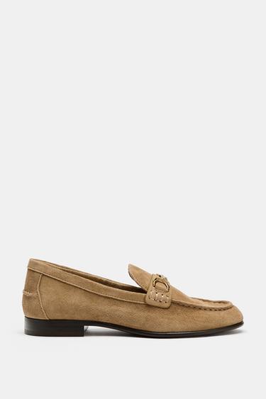 Zara 金屬飾件麂皮樂福鞋 - 米色