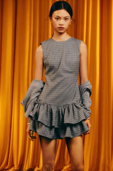 CHECKED RUFFLED SHORT JUMPSUIT DRESS - Grey / Blue by Zara