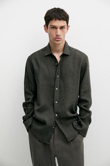 Zara Garment-dyed 100% linen regular fit shirt - Green