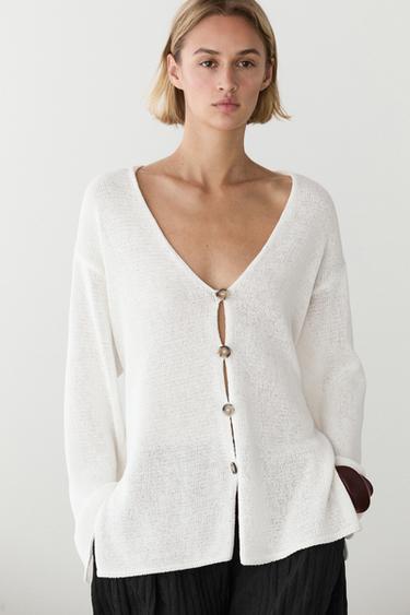 Cárdigán punto largo cuello pico - Blanco de Zara