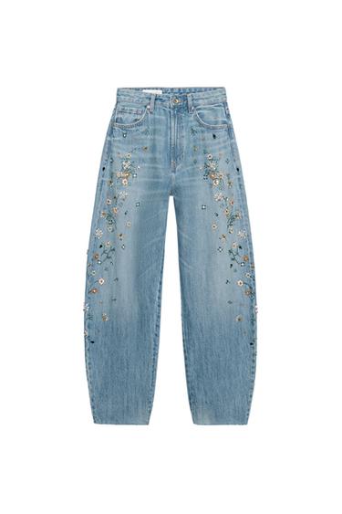 BARREL-JEANS MIT HOHER TAILLE UND STICKEREI - Blau von Zara