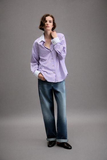 STRIPED POPLIN SHIRT - Lilac / White by Zara