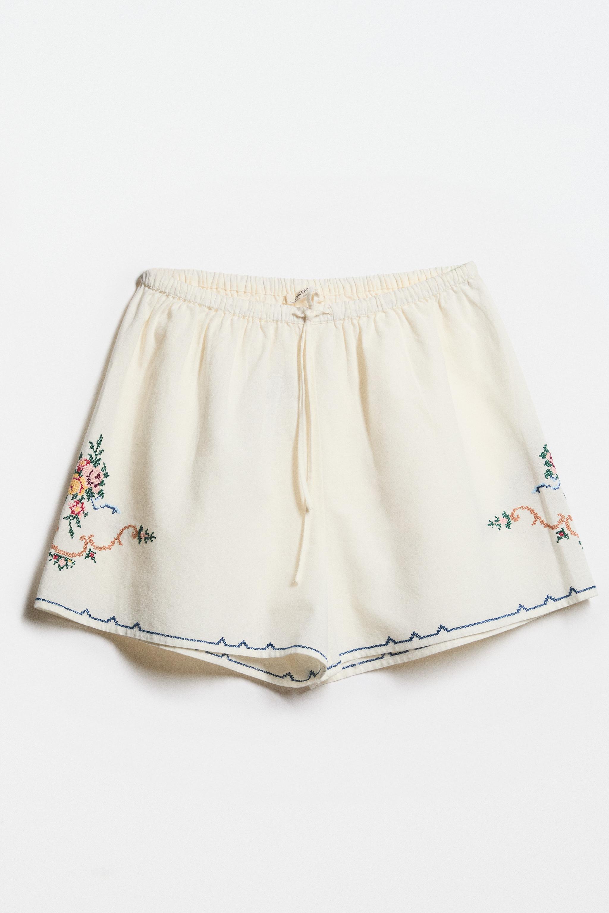 EMBROIDERED COTTON AND LINEN SHORTS