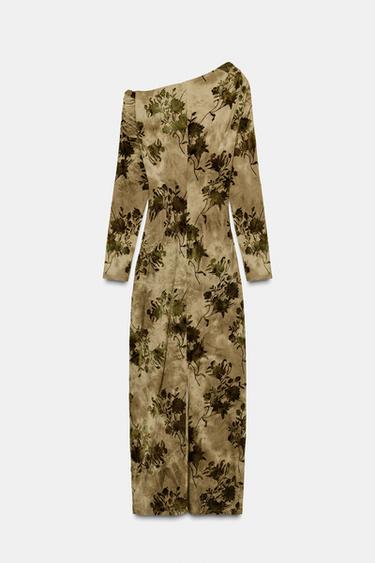 Zara RUCHED FLOCKED DRESS - Light beige