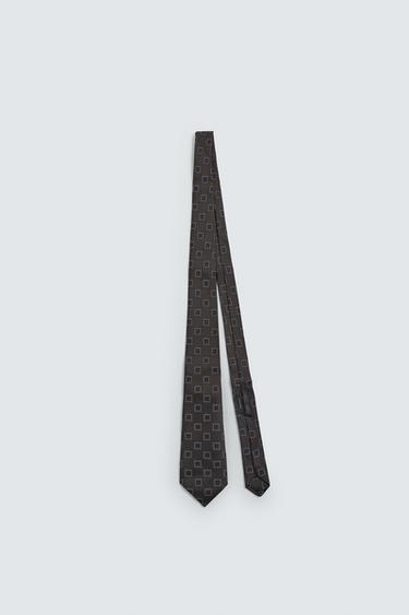 Zara 100% SILK GEOMETRIC JACQUARD TIE - Brown