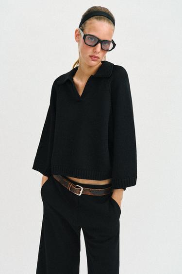 V-NECK KNIT JUMPER - Black by Zara