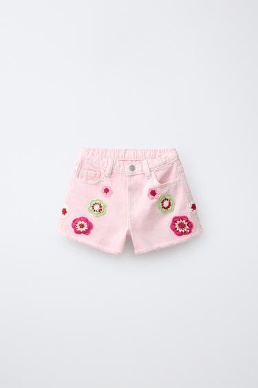 TWILL BERMUDA SHORTS WITH CROCHET FLOWERS - Pink / White by Zara - Image 0