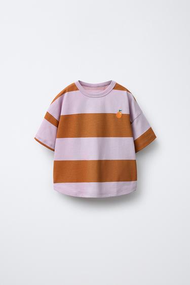 Zara EMBROIDERED STRIPED T-SHIRT - Mauve