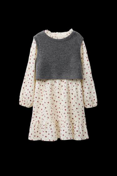 VESTIDO FLORES COMBINADO CHALECO PUNTO - Crudo de Zara - Imagen 0