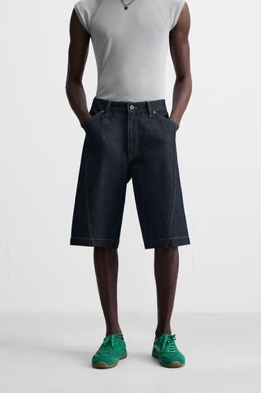 BAGGY FIT DENIM BERMUDA SHORTS WITH STITCHING - Blue by Zara