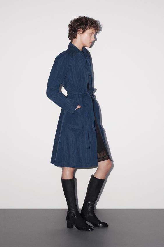 Zara ZW COLLECTION BELTED CRINKLE-EFFECT COAT - Blue - Image 0