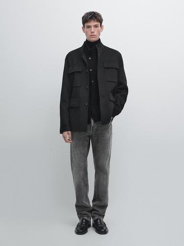Zara Double wool blend jacket with stand collar - Navy blue - Image 0