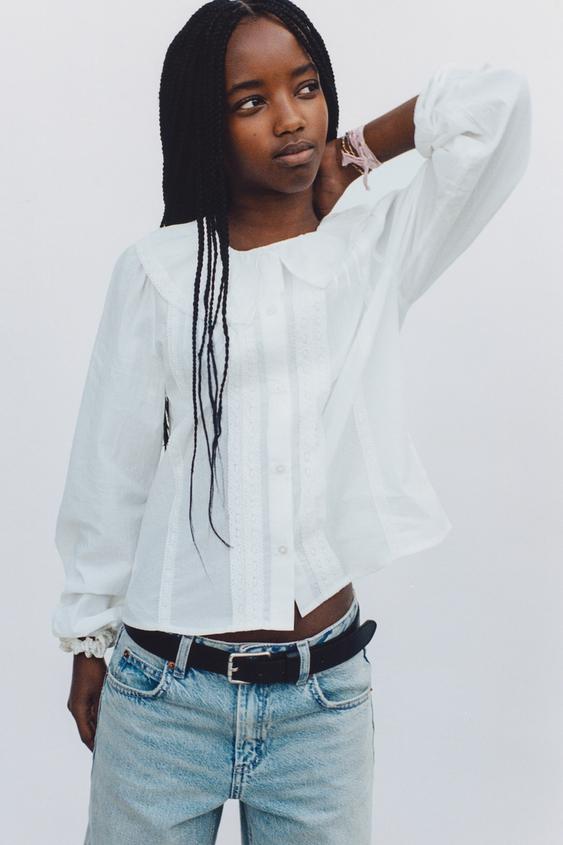 Zara PETER PAN COLLAR PINTUCK SHIRT - White - Image 0