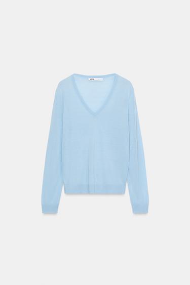 JERSEY 100% LANA ESCOTE PICO - Azul claro de Zara - Imagen 0