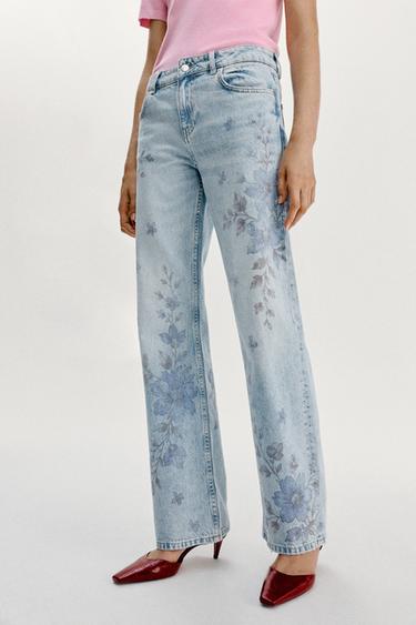 JEAN Z1975 DROIT TAILLE MI-HAUTE LONG IMPRIMÉ FLEURI - Bleu moyen de Zara - Image 1