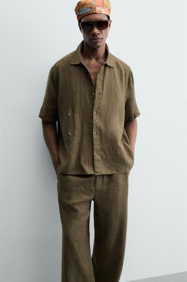 100% LINEN RELAXED FIT SHIRT - Dark khaki by Zara - Image 5