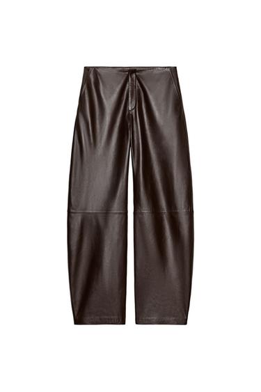 بنطلون بالون جلد 100% ZW COLLECTION - بني الخاص بـ Zara