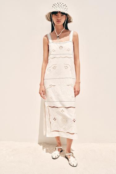 Zara ZW COLLECTION 刺繡明線連身裙 - 裸色