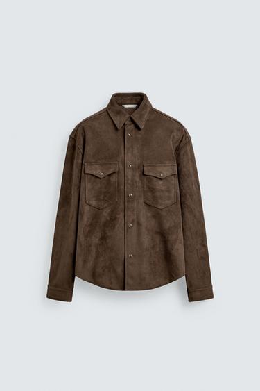 REGULAR FIT FAUX SUEDE OVERSHIRT - Brown by Zara