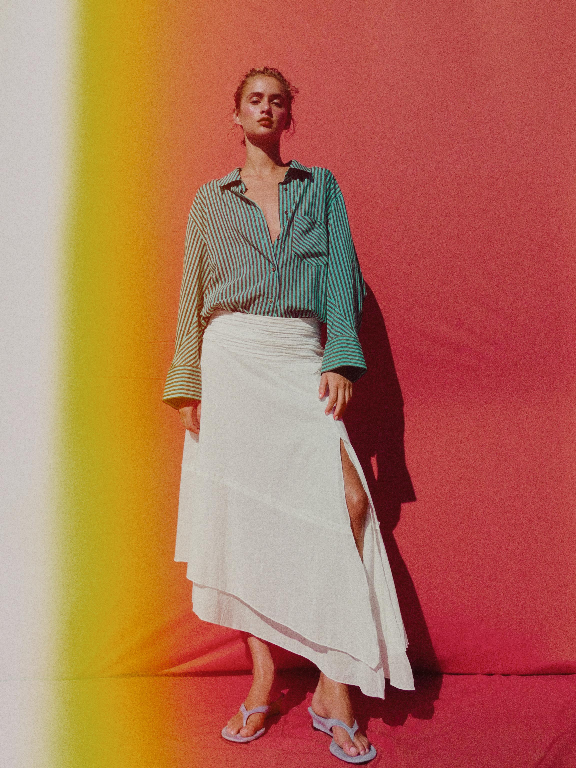 OVERSIZED STRIPED SHIRT — Washed green