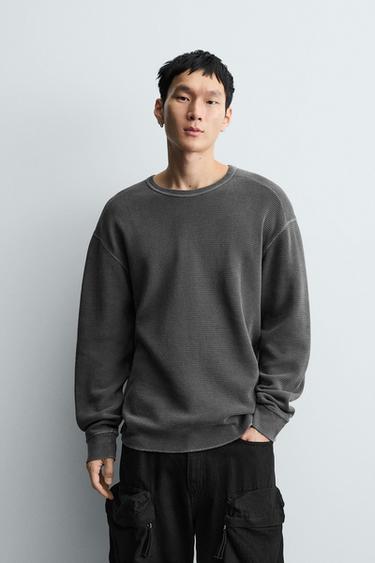 WASHED WAFFLE-KNIT T-SHIRT - Dark grey by Zara