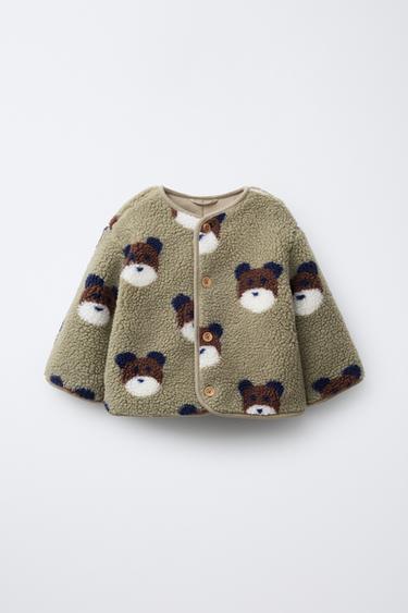 FAUX SHEARLING JACKET WITH BEARS - Sage Green by Zara - Image 0