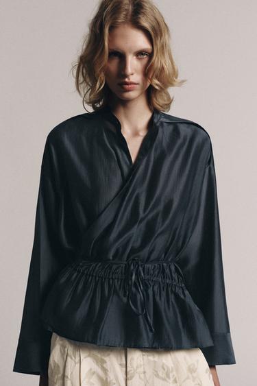Zara ZW COLLECTION FLOWY WRAP BLOUSE - Gray / Blue