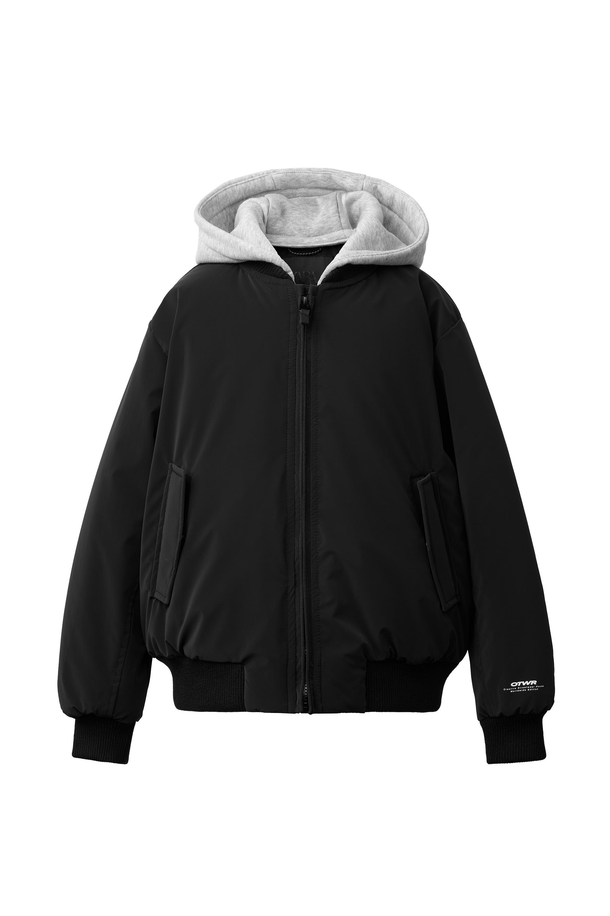 RUBBERIZED BOMBER JACKET WITH REMOVABLE FLEECE HOODIE - Black