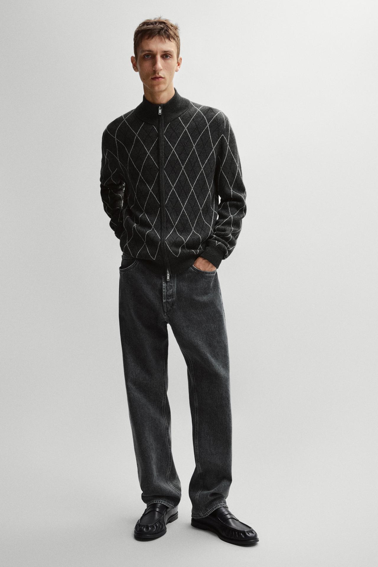 Wool blend argyle knit cardigan — Anthracite Gray