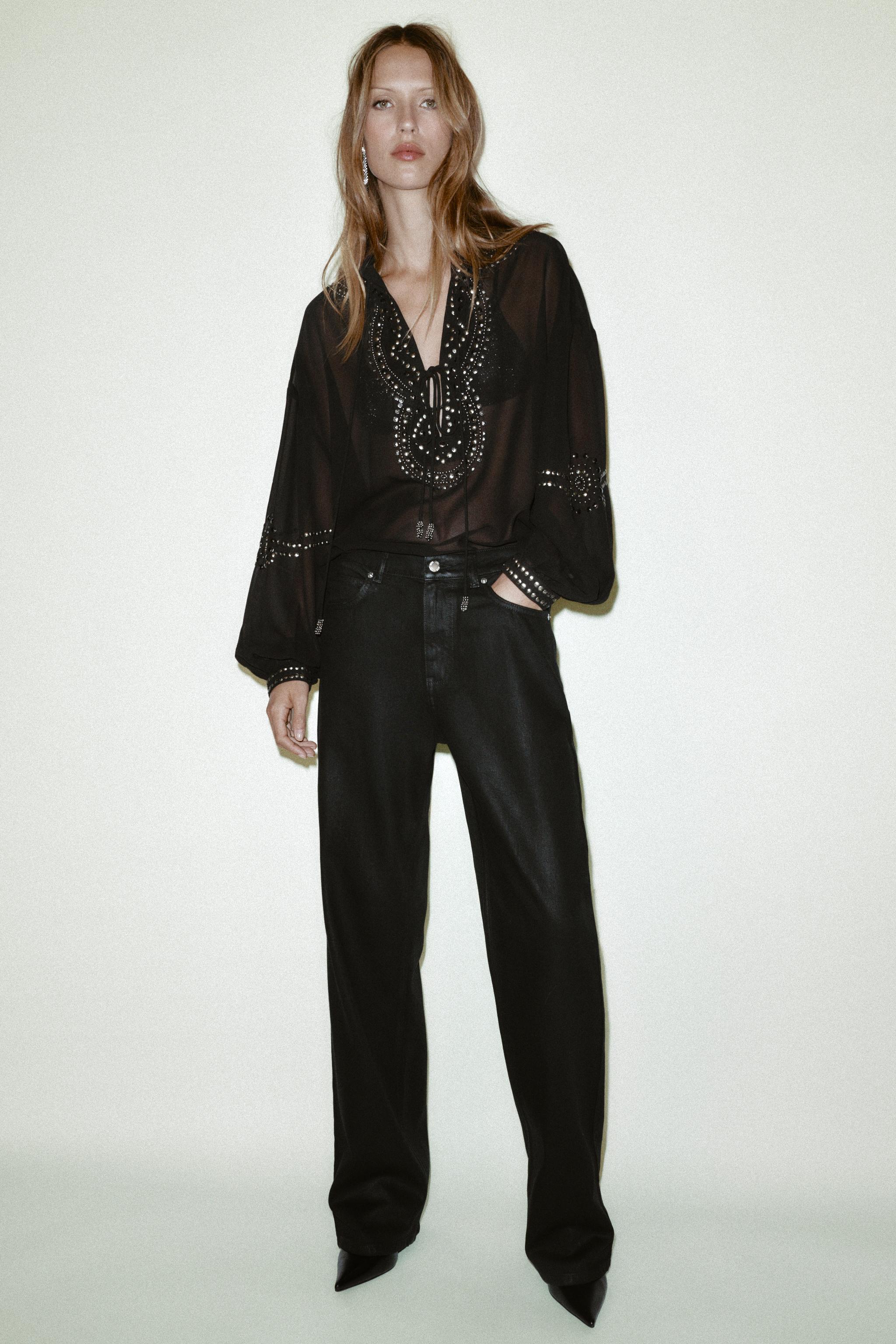 Zara - Semi-Sheer Beaded Blouse - Black - M - Woman Zara - Semi-Sheer Beaded Blouse - Black - M - Woman