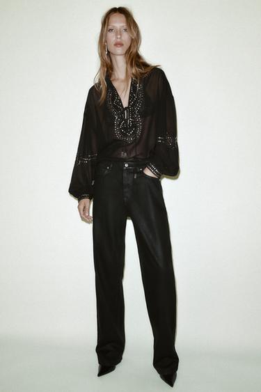 비즈 세미 시스루 블라우스 - Zara의 블랙 - 이미지 0